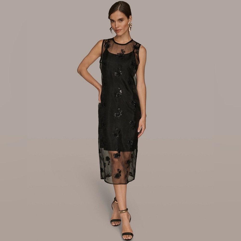 NWT Donna Karan Women's Embroidered Sequin Slip Sleeveless. 10. Black